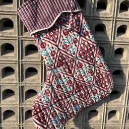 Handmade Quilted Christmas Stocking Red & Blue Floral Block Print - thumbnail 2