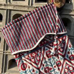 Handmade Quilted Christmas Stocking Red & Blue Floral Block Print - thumbnail 3
