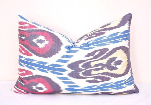 Blue & Red Ikat Pillow Cover, Cotton Lumbar Cushion - 15x23 Inch - image 1