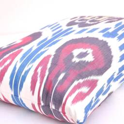 Blue & Red Ikat Pillow Cover, Cotton Lumbar Cushion - 15x23 Inch - thumbnail 2