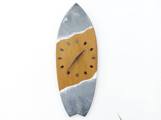 Surfboard Clock With Ocean Waves Beachy Room Decor Wall Art Gray Sea Resin Gift - image 1