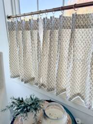 This Fresh Block Print On Brown & White Back Ground . Perfect Neutral For Fall Winter Pleated Cafe Curtain - thumbnail 1
