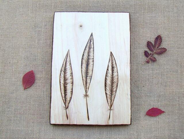 Wooden Picture, Woodland Decor, Reclaimed Wood, Feathers Woodburned Ecologic Picture - image 1
