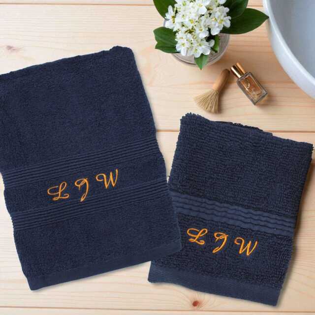 Personalised Navy Hand Towel & Face Flannel Embroidered Cotton Gift Set - image 1