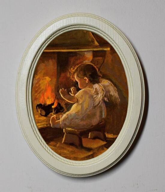 Christmas Angel Picture, Ivory Oval Wood Frame, Handmade Holiday Decor - image 1