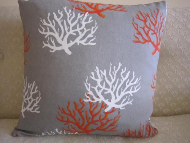 Gray Indoor Outdoor Fabric With White & Orange Coral Print - image 1