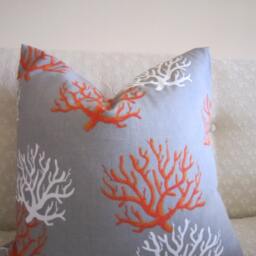 Gray Indoor Outdoor Fabric With White & Orange Coral Print - thumbnail 3