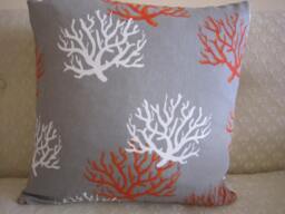 Gray Indoor Outdoor Fabric With White & Orange Coral Print - thumbnail 1