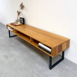 "Extra Wide Solid Iroko Tv Stand Or Coffee Table With Storage. Minimalist Low Design On Square Legs. ""Marston Minimalist" - thumbnail 3