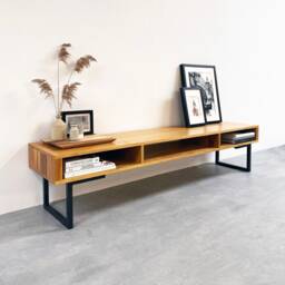 "Extra Wide Solid Iroko Tv Stand Or Coffee Table With Storage. Minimalist Low Design On Square Legs. ""Marston Minimalist"