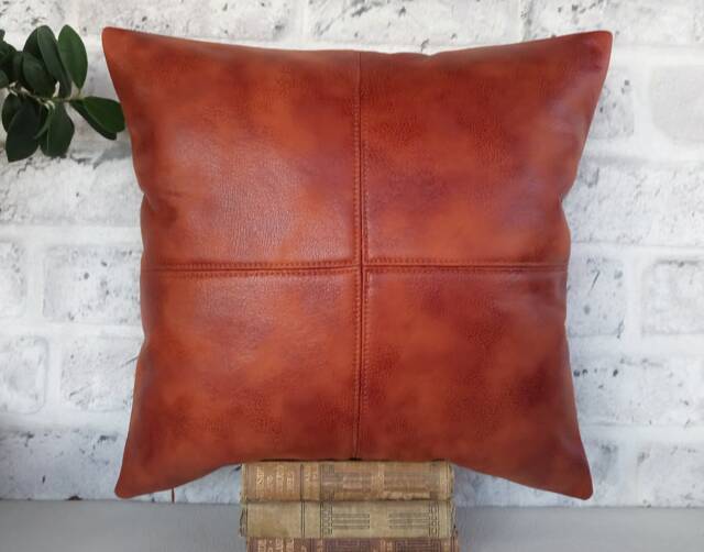 Rustic Terracotta Vegan Leather Lumbar Pillow Cover Piecewise Square Design - 15x23'' - image 1