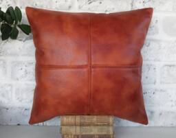 Rustic Terracotta Vegan Leather Lumbar Pillow Cover Piecewise Square Design - 15x23'' - thumbnail 1