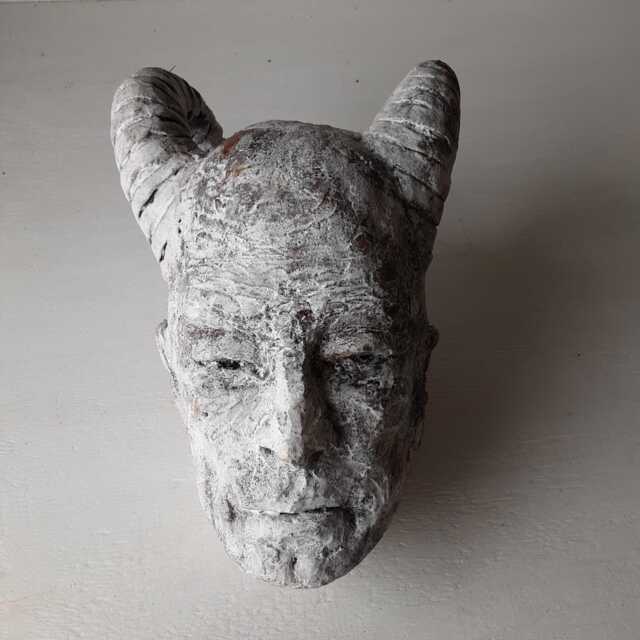 White Ceramic Horned Head Art, Sumerian Style Sculpture, Classical Decor - image 1