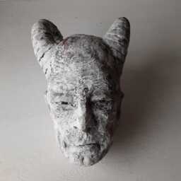 White Ceramic Horned Head Art, Sumerian Style Sculpture, Classical Decor