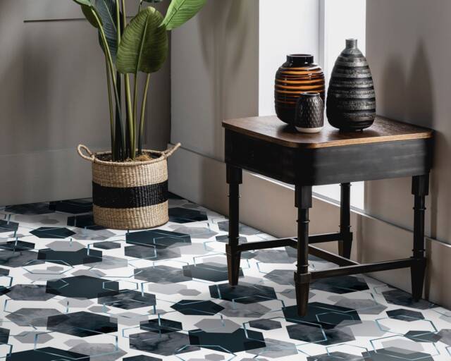 Hexagon Watercolor Trendy Print Vinyl Flooring, White Linoleum, Gray Vivid Colors Inks, Abstract High Quality Print, Waterproof Material - image 1