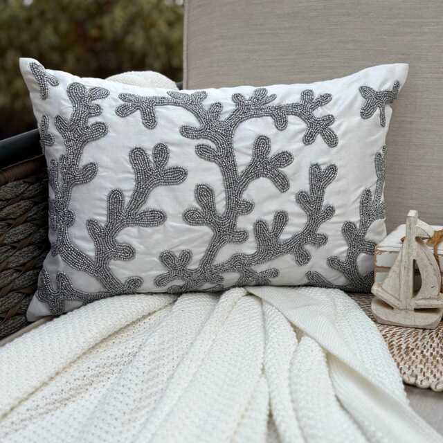 Ivory Art Silk Silver Beaded Sea Creature, Beach Style Lumbar Pillow Cover - Corals - image 1