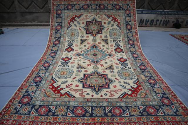 7x10 Afghan Geometric Kazak Rug - Tan Beige Handmade Natural Wool Oriental Area Living Room Dining Table Carpet - image 1