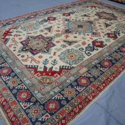 7x10 Afghan Geometric Kazak Rug - Tan Beige Handmade Natural Wool Oriental Area Living Room Dining Table Carpet - thumbnail 2