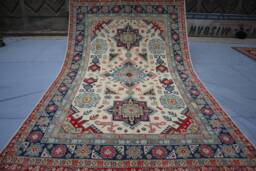7x10 Afghan Geometric Kazak Rug - Tan Beige Handmade Natural Wool Oriental Area Living Room Dining Table Carpet - thumbnail 1