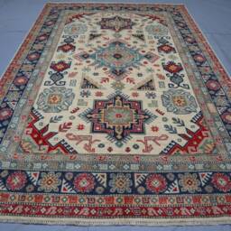 7x10 Afghan Geometric Kazak Rug - Tan Beige Handmade Natural Wool Oriental Area Living Room Dining Table Carpet - thumbnail 3