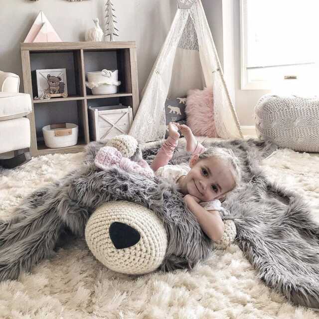 xl Size Faux Fur Gray Bear Nursery Rug With Handmade Crochet Accents - image 1