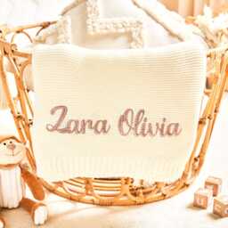 Embroidered Name Baby Blanket, Knitted Cotton, Personalized Gift - thumbnail 2
