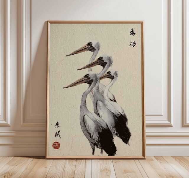 Japanese Pelican Wall Art, Oriental Bird Poster, Minimalist Wildlife Print, Traditional Asian Artwork, Coastal Nature Home Decor - image 1