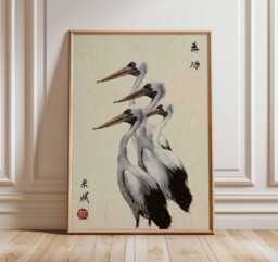 Japanese Pelican Wall Art, Oriental Bird Poster, Minimalist Wildlife Print, Traditional Asian Artwork, Coastal Nature Home Decor - thumbnail 1