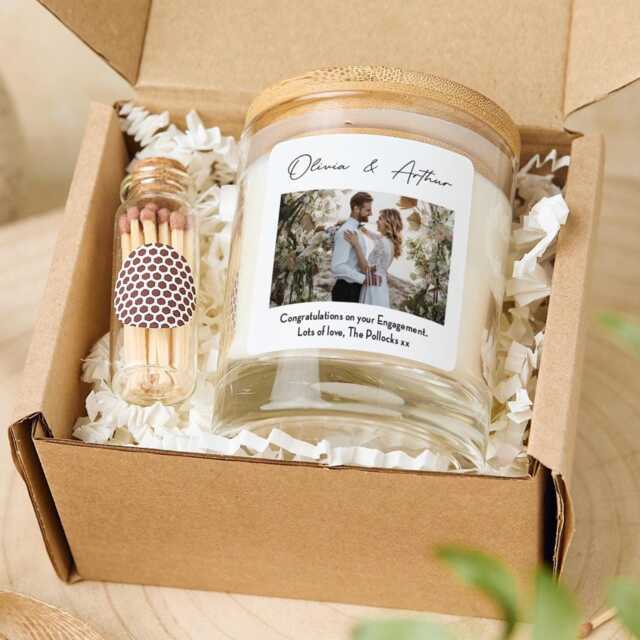 Personalised Engagement Candle Gift With Photo Couple Names & Your Text Free Package Mini Matches Jar - image 1