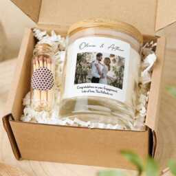 Personalised Engagement Candle Gift With Photo Couple Names & Your Text Free Package Mini Matches Jar - thumbnail 1