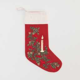 Red Candle Garland Linen Stocking, Hand Embroidered Cotton Blend Christmas Bootie, Handmade Festive Holiday Decor - thumbnail 3