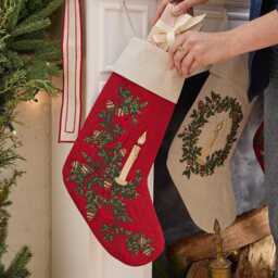 Red Candle Garland Linen Stocking, Hand Embroidered Cotton Blend Christmas Bootie, Handmade Festive Holiday Decor