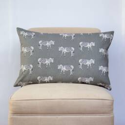 Zebra Motif Grey Xl Rectangular Cushion. Contemporary Exotic Inspired Design Of Black & White Zebras. 23X15