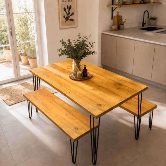 Solid Wood Dining Table Set Rustic Reclaimed Handmade Kitchen Furniture Uk-Made Hairpin Legs Matching Benches - image 1