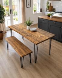 Solid Wood Dining Table Set Rustic Reclaimed Handmade Kitchen Furniture Uk-Made Hairpin Legs Matching Benches