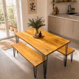 Solid Wood Dining Table Set Rustic Reclaimed Handmade Kitchen Furniture Uk-Made Hairpin Legs Matching Benches - thumbnail 1