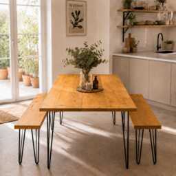 Solid Wood Dining Table Set Rustic Reclaimed Handmade Kitchen Furniture Uk-Made Hairpin Legs Matching Benches - thumbnail 2