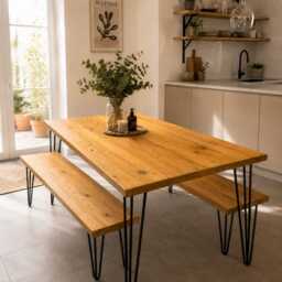 Solid Wood Dining Table Set Rustic Reclaimed Handmade Kitchen Furniture Uk-Made Hairpin Legs Matching Benches - thumbnail 3