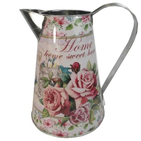 Large Metal Jug Roses & Bluebird Design Artificial Flower Vase 22cm Height