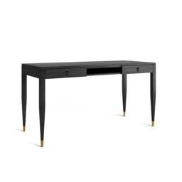 Black Oak Desk, Solid Drawers, Mid-Century Modern, Brass Accents - thumbnail 1