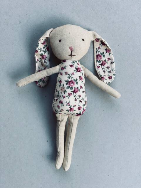 Handmade Linen Bunny Toy Vintage Rose Floral, Baby Shower Gift - image 1