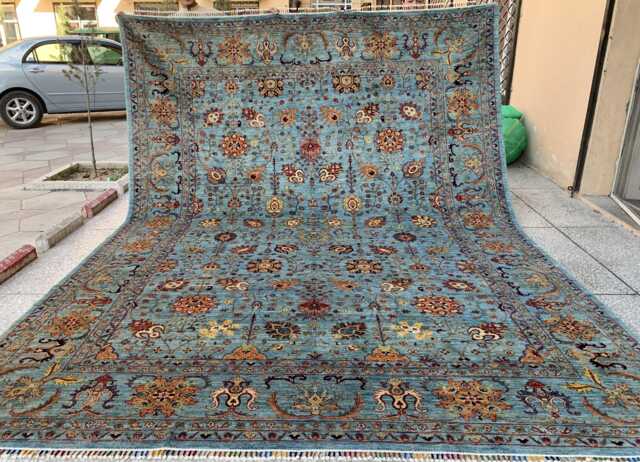 Large Hand-Knotted Wool Rug Blue Persian Chobi Floral Medallion - image 1
