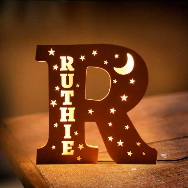 Engraved Name Night Light, Custom Wooden Initial Lamp With Usb, Star & Moon Led For Nursery Decor, Birthday Gift Kids - image 1