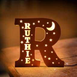 Engraved Name Night Light, Custom Wooden Initial Lamp With Usb, Star & Moon Led For Nursery Decor, Birthday Gift Kids - thumbnail 1