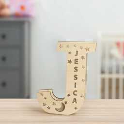 Engraved Name Night Light, Custom Wooden Initial Lamp With Usb, Star & Moon Led For Nursery Decor, Birthday Gift Kids - thumbnail 4
