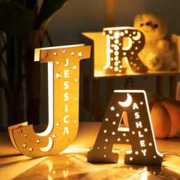 Engraved Name Night Light, Custom Wooden Initial Lamp With Usb, Star & Moon Led For Nursery Decor, Birthday Gift Kids - thumbnail 3