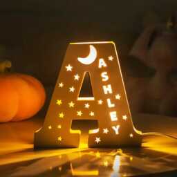 Engraved Name Night Light, Custom Wooden Initial Lamp With Usb, Star & Moon Led For Nursery Decor, Birthday Gift Kids - thumbnail 2