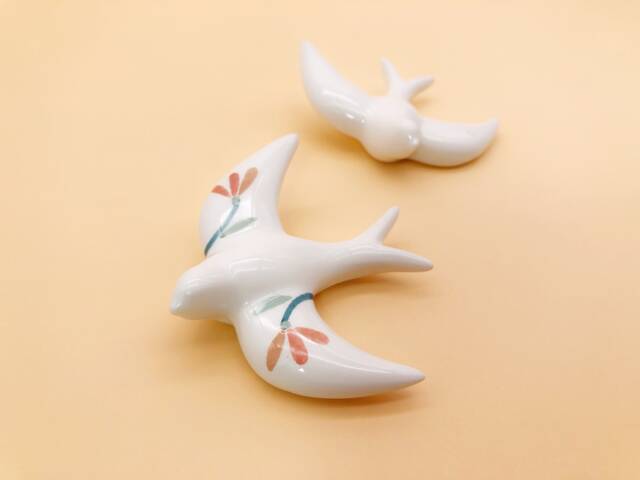 Two Mini Swallow Ceramic- One Illustrated With Leaves in Orange One White - Wall Decor Handcrafted - image 1