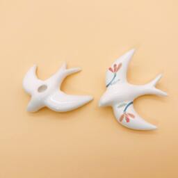 Two Mini Swallow Ceramic- One Illustrated With Leaves in Orange One White - Wall Decor Handcrafted - thumbnail 3