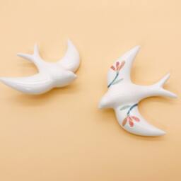 Two Mini Swallow Ceramic- One Illustrated With Leaves in Orange One White - Wall Decor Handcrafted - thumbnail 2